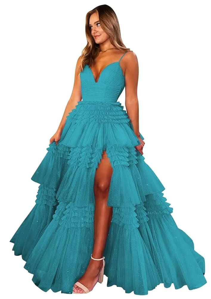RSOETOO Women TieAqua Blue Prom Dresses with Slit Long